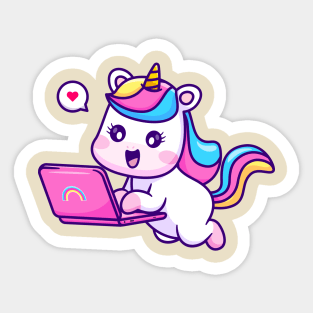 Cute Unicorn Working On Laptop Cartoon Sticker